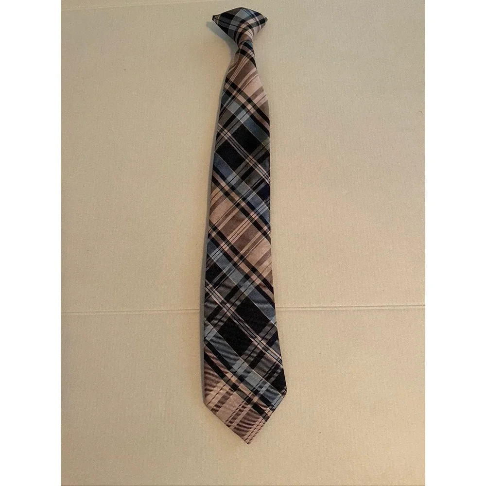 Boys Navy Blue Tan Plaid Clip-On Necktie‎ 14 Inch Formal School Uniform Tie